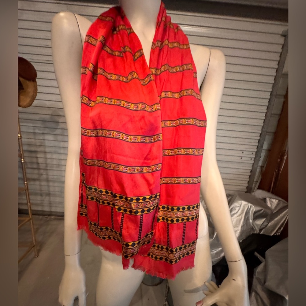 HATTIE CARNEGIE SILK SCARF RED HAND ROLLED 53”x11”